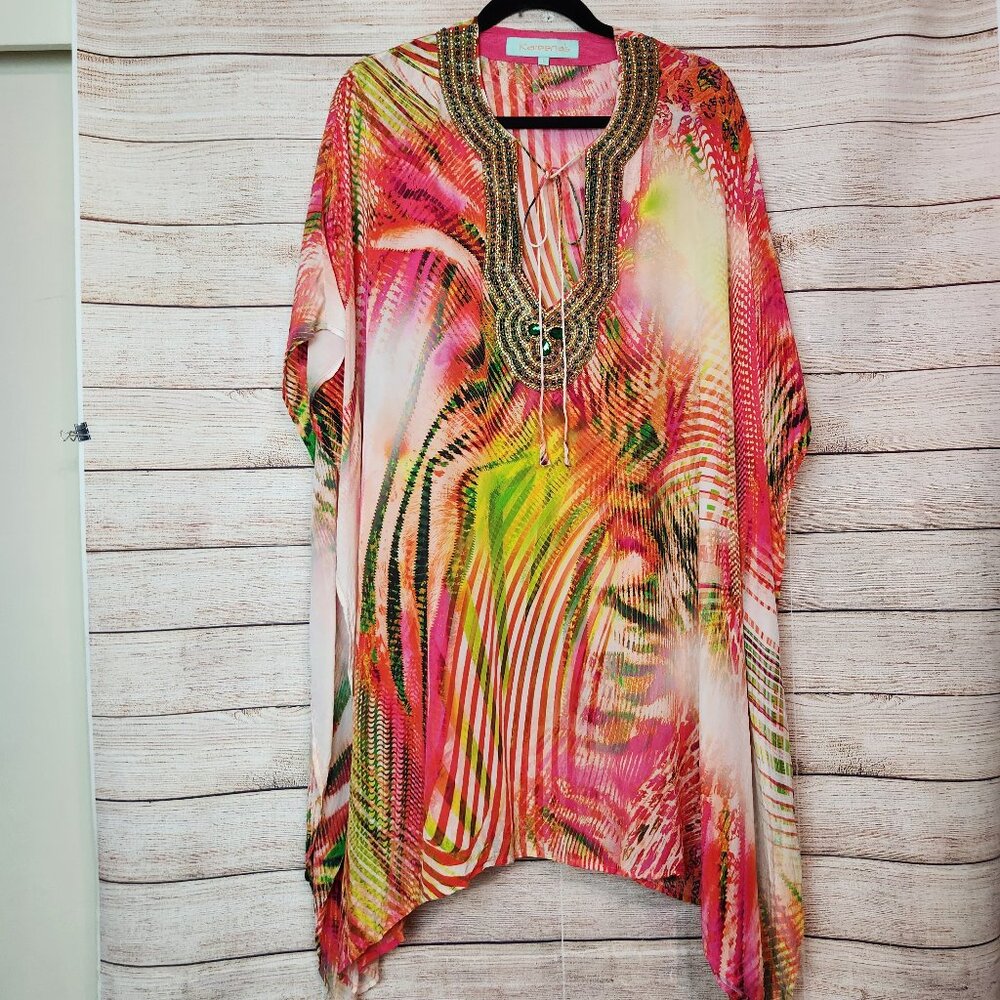 Kareenas Silk Chiffon Print Blouse Top Poncho Kimono Coverup Women's Size L Bead